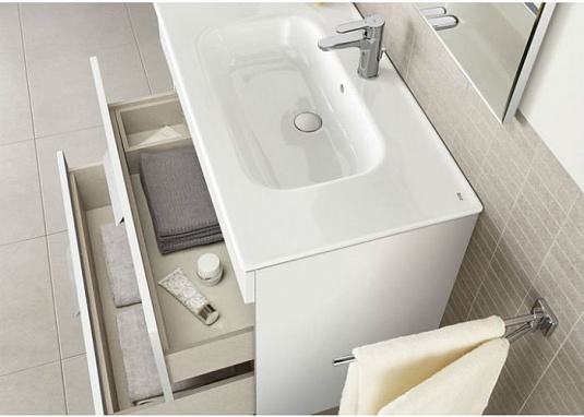 Фото: Комплект мебели для ванной Roca Debba 60 см Roca Debba белая (тумба+раковина+зеркало правое) Roca в каталоге